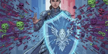 Illustration d'un bouclier protégeant une personne des menaces de cyberharcèlement en ligne, symbolisant les nouvelles lois françaises de 2026.