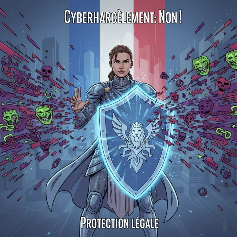 Illustration d'un bouclier protégeant une personne des menaces de cyberharcèlement en ligne, symbolisant les nouvelles lois françaises de 2026.