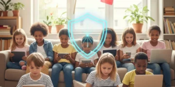 Enfants naviguant en ligne sous la protection des nouvelles législations françaises, symbolisant la sécurité numérique.