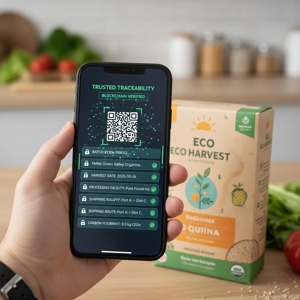 Code QR scanné sur un produit alimentaire, affichant des données de traçabilité blockchain