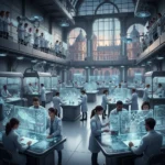 Équipe de recherche et développement collaborative dans un laboratoire futuriste en France, travaillant sur des innovations technologiques pour 2026.
