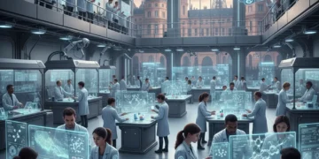 Équipe de recherche et développement collaborative dans un laboratoire futuriste en France, travaillant sur des innovations technologiques pour 2026.