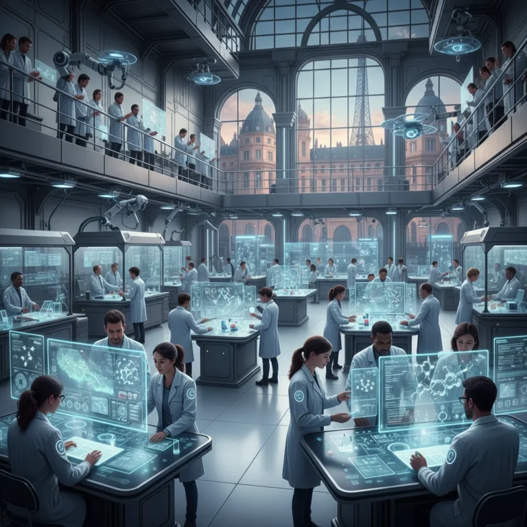 Équipe de recherche et développement collaborative dans un laboratoire futuriste en France, travaillant sur des innovations technologiques pour 2026.