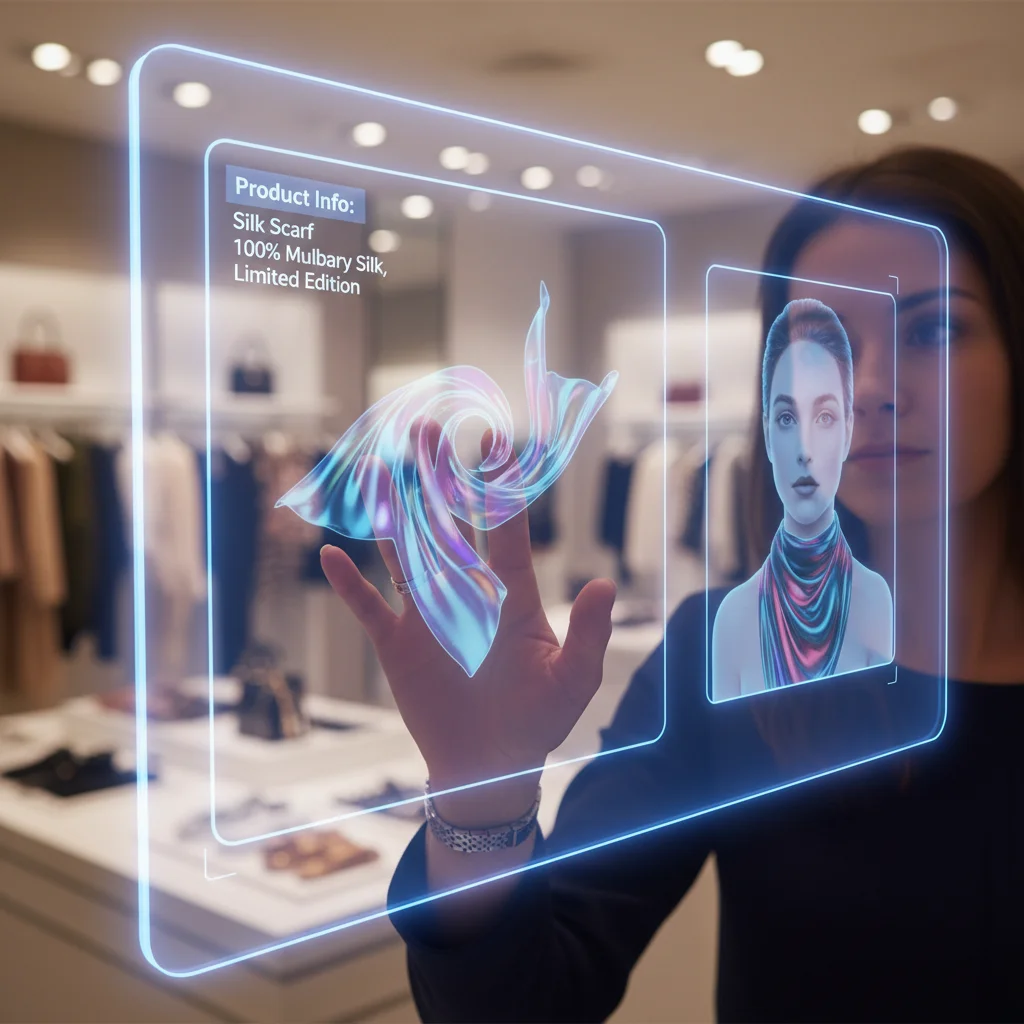 Main d'un client interagissant avec un écran de réalité augmentée pour un essayage virtuel en magasin.