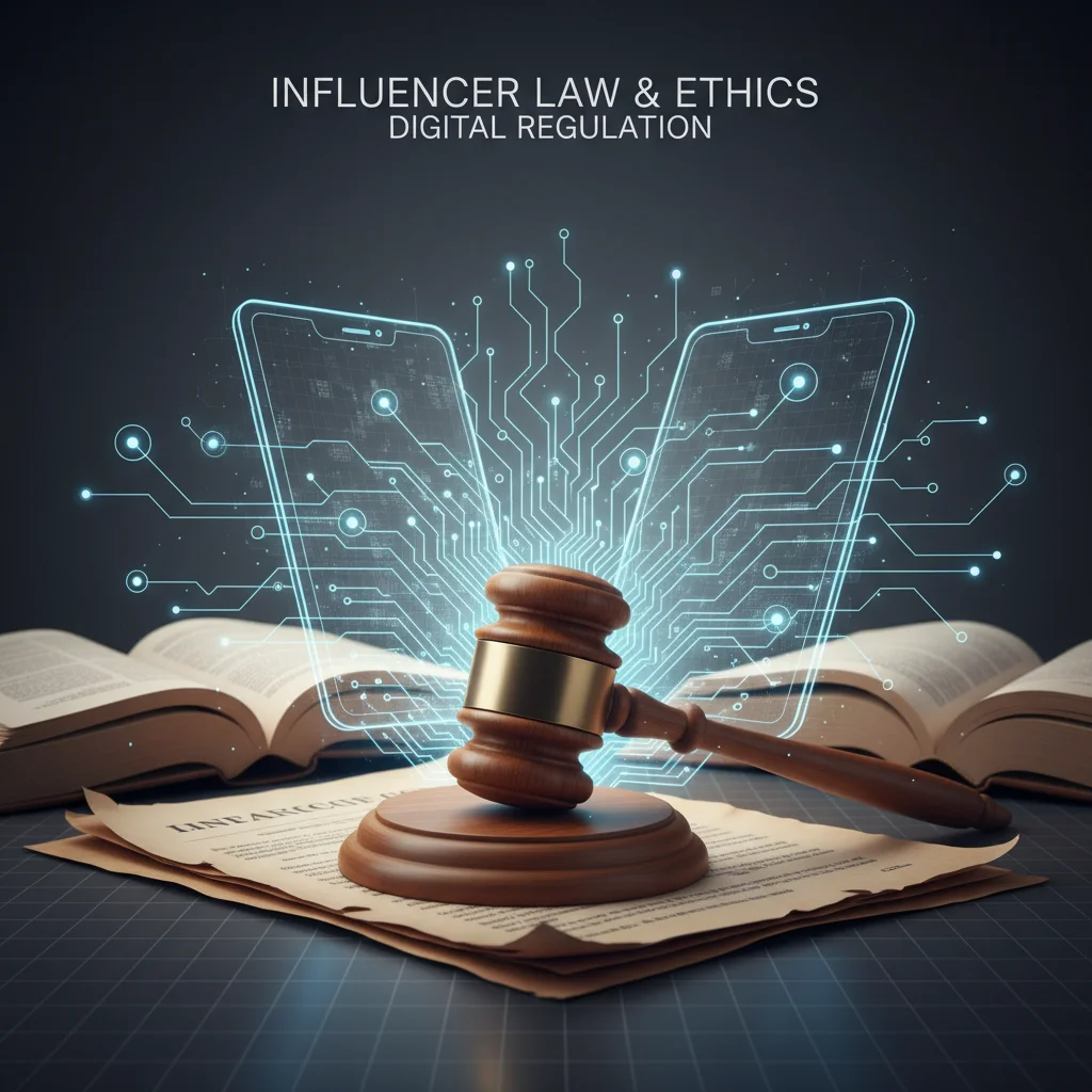 Symboles de la régulation des influenceurs : marteau de juge, documents juridiques et flux numériques.