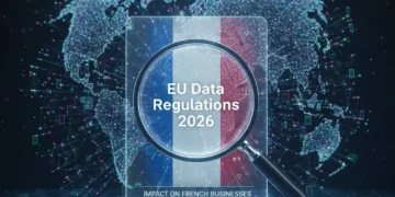 Illustration des nouvelles régulations européennes sur la confidentialité des données numériques pour 2026, avec un accent sur les entreprises françaises.