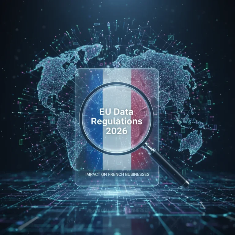 Illustration des nouvelles régulations européennes sur la confidentialité des données numériques pour 2026, avec un accent sur les entreprises françaises.
