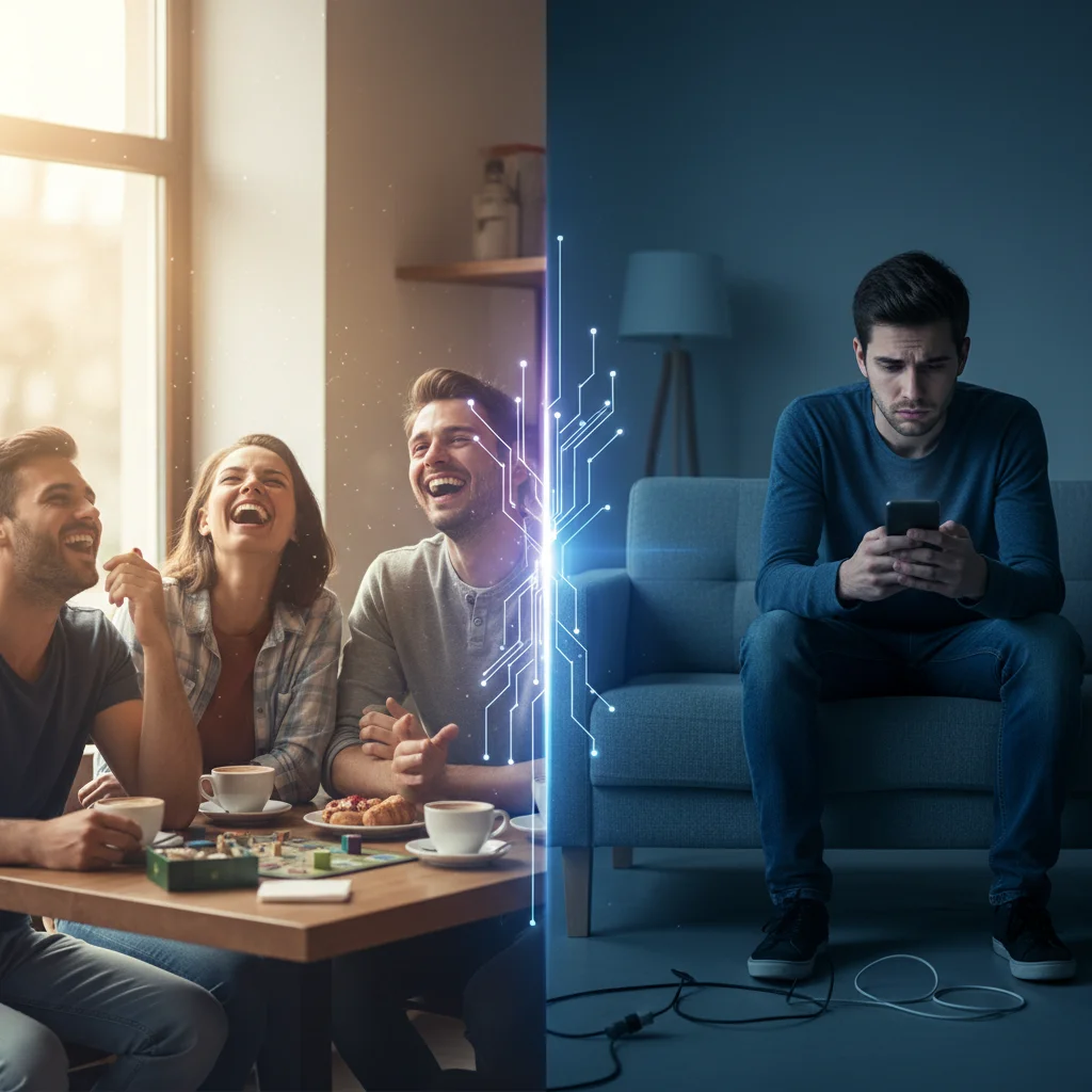 Image divisée montrant des amis interagissant en personne et une personne isolée devant un écran, symbolisant le contraste entre les relations réelles et les défis de l'isolement numérique.