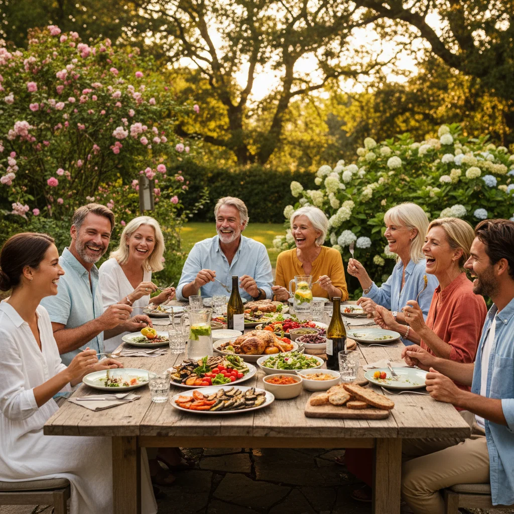 Groupe d'amis partageant un repas convivial en plein air sans téléphones, illustrant la reconnexion sociale.