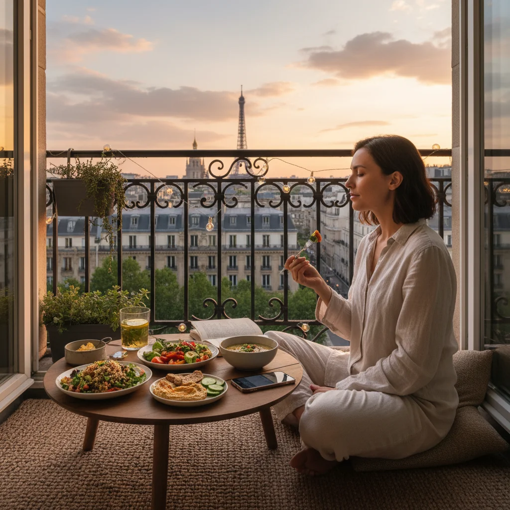 Personne savourant un repas léger et sain sur un balcon, avec vue sur une ville française au coucher du soleil, favorisant un sommeil réparateur.