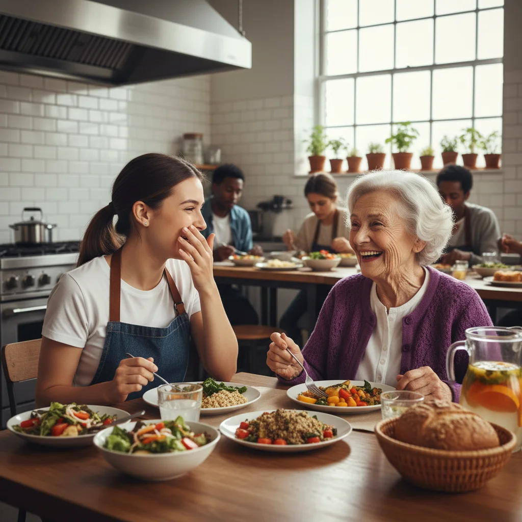 Femme âgée et jeune bénévole partageant un repas et riant dans une cuisine communautaire chaleureuse, illustrant le lien intergénérationnel.