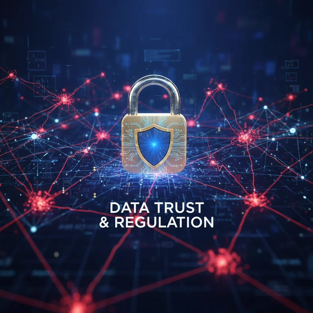 Réseau numérique complexe avec points de vulnérabilité et cadenas, symbolisant la conformité réglementaire et la protection des données.
