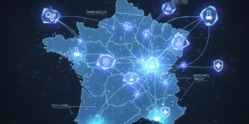 Illustration d'un réseau d'innovation collaborative en France, symbolisant les pôles de compétitivité et leur dynamisme.