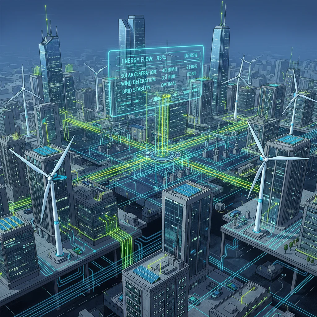 Illustration d'un réseau électrique intelligent intégrant des énergies renouvelables et optimisant la consommation urbaine.