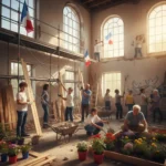 Citoyens français unis reconstruisant un centre communautaire après une crise, symbolisant la résilience et la solidarité.