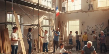 Citoyens français unis reconstruisant un centre communautaire après une crise, symbolisant la résilience et la solidarité.