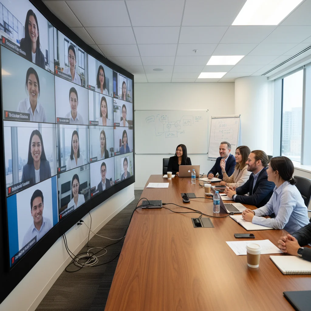Réunion d'équipe hybride intégrant participants en présentiel et à distance