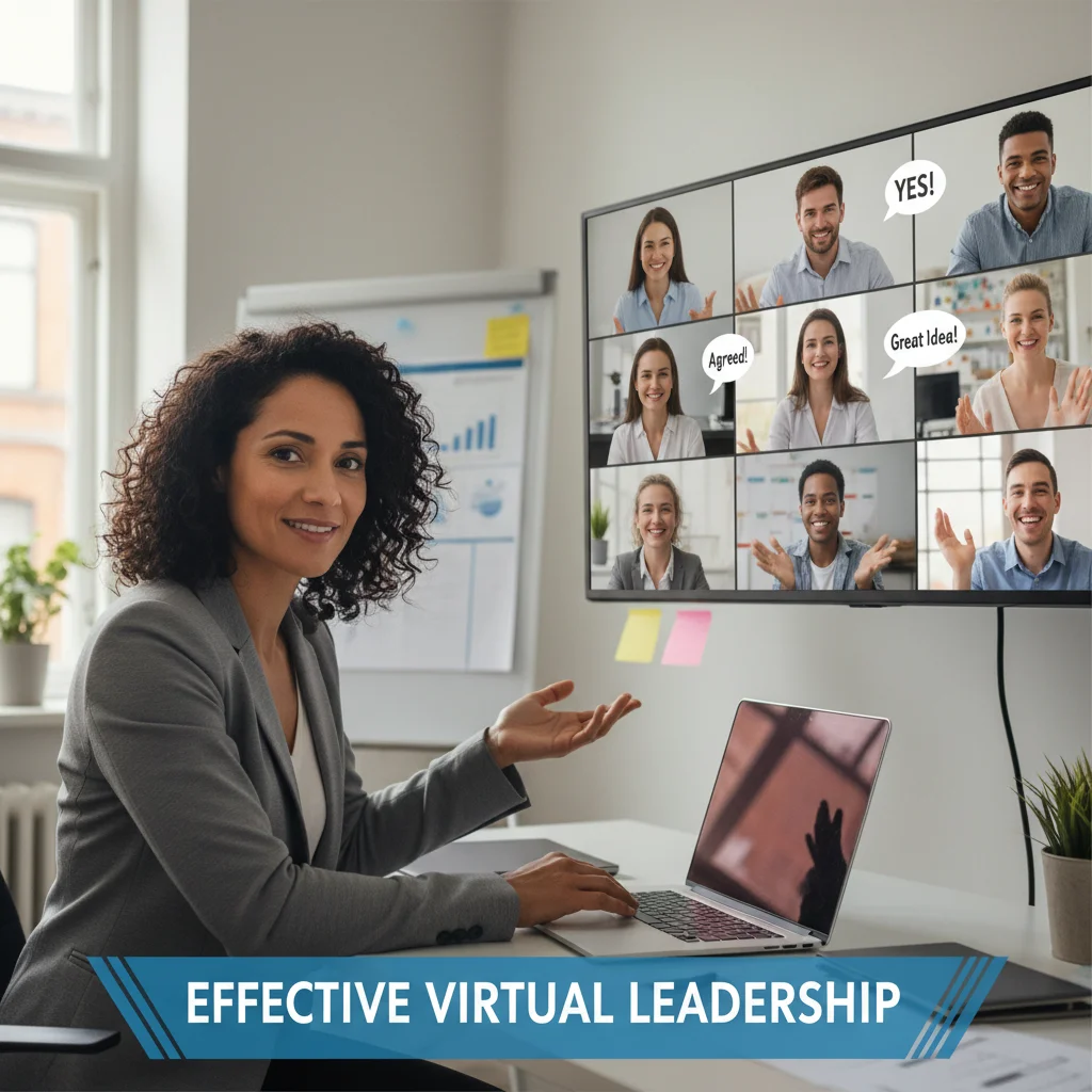 Leader d'équipe animant une réunion virtuelle avec des collaborateurs à distance, symbolisant la communication efficace à l'ère du télétravail.