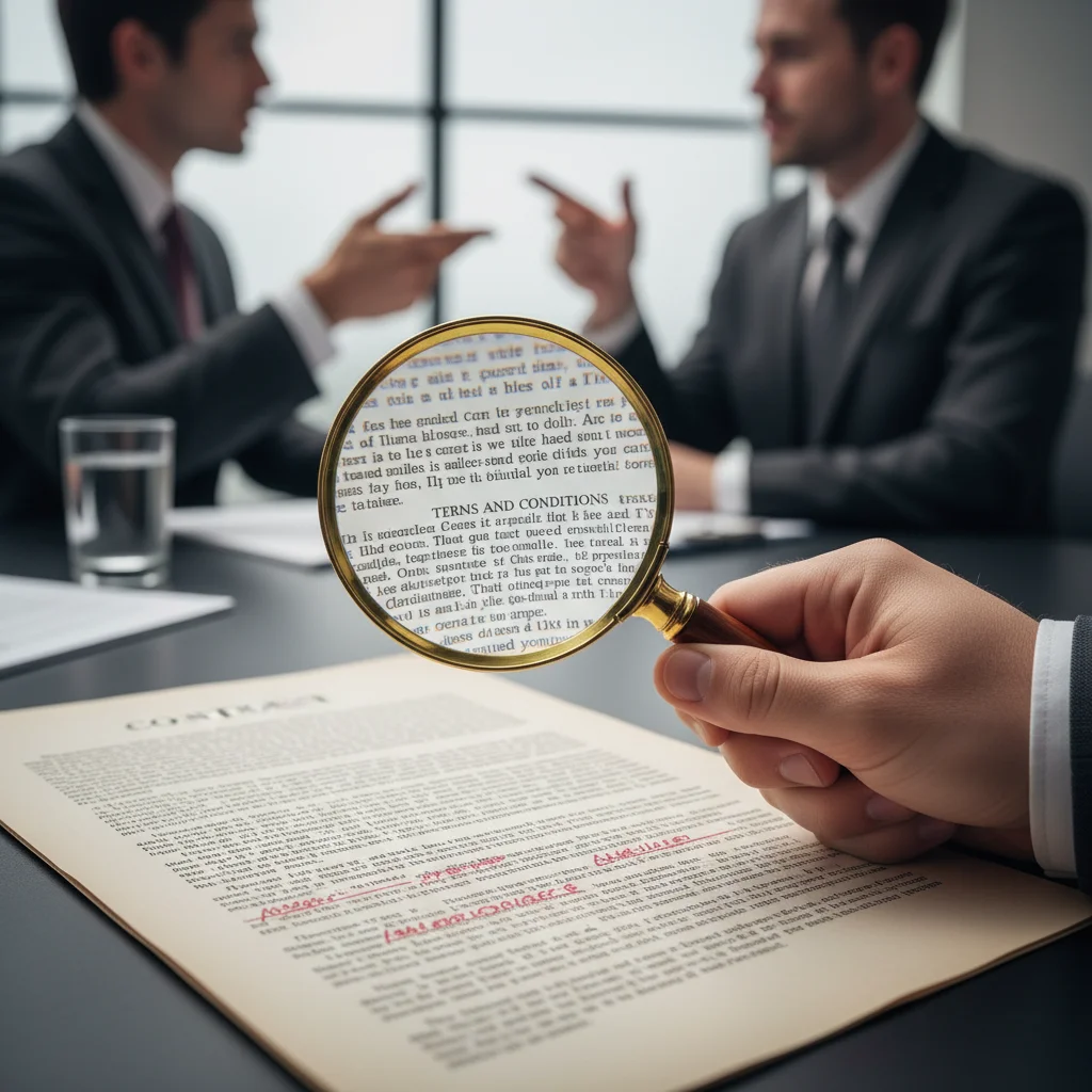 Main tenant une loupe sur un contrat complexe, symbolisant l'importance de la révision juridique approfondie des accords de confidentialité.