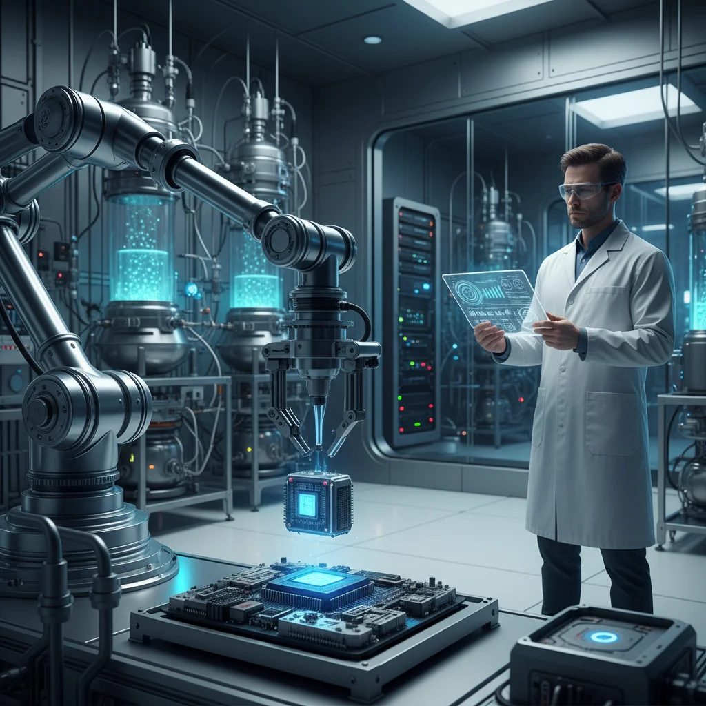 Bras robotique travaillant avec précision dans un laboratoire de haute technologie, symbolisant l'innovation en robotique et biotechnologie.