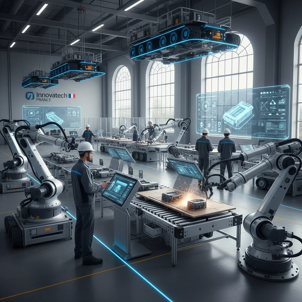 Robots industriels et techniciens humains dans une usine française