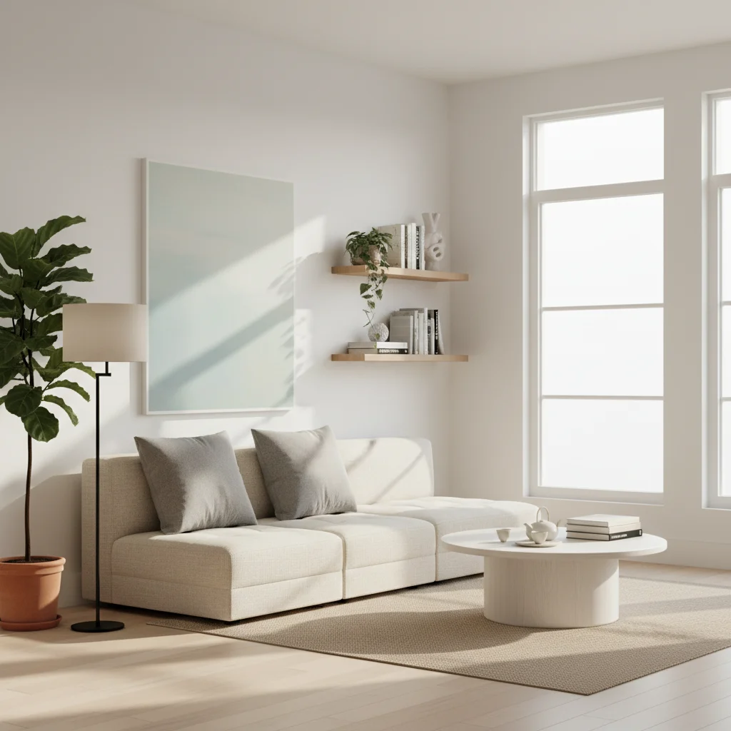 Salon minimaliste et lumineux, illustrant un intérieur épuré et une vie axée sur l'essentiel.