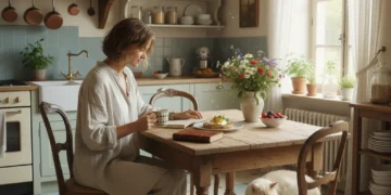 Scène de vie française, personne dégustant un repas conscient dans une cuisine élégante