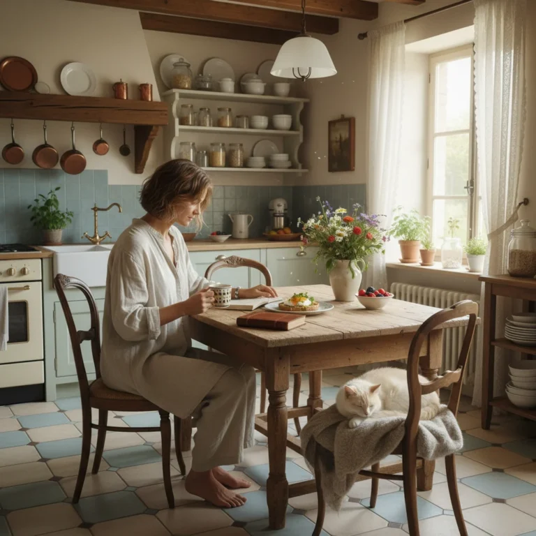 Scène de vie française, personne dégustant un repas conscient dans une cuisine élégante