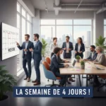 Professionnels souriants et productifs dans un bureau moderne, symbolisant l'adoption réussie de la semaine de 4 jours en France.