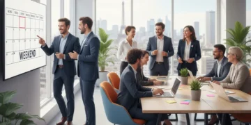 Professionnels souriants et productifs dans un bureau moderne, symbolisant l'adoption réussie de la semaine de 4 jours en France.