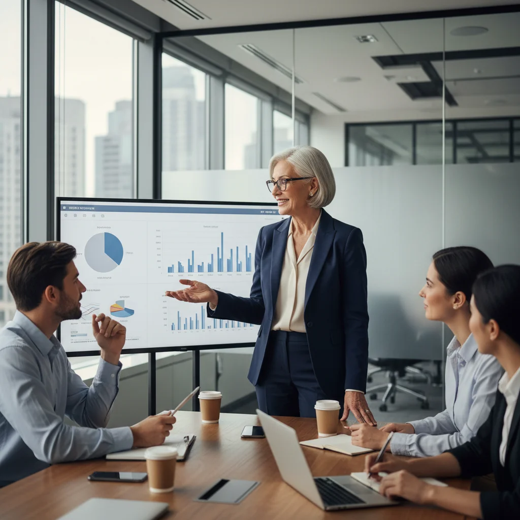 Femme senior dirigeant une réunion d'équipe, illustrant l'engagement professionnel continu et la collaboration intergénérationnelle.