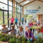 Groupe de seniors souriants participant à des activités diverses dans un centre communautaire moderne, symbolisant le vieillissement actif en France.
