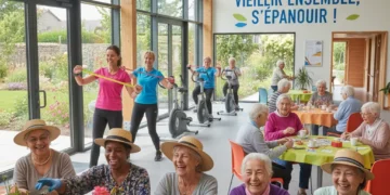 Groupe de seniors souriants participant à des activités diverses dans un centre communautaire moderne, symbolisant le vieillissement actif en France.