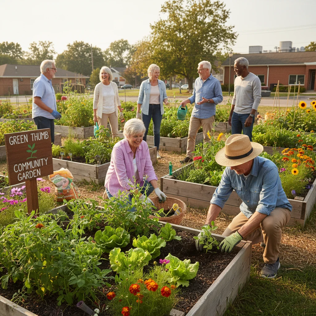 Groupe de seniors jardiniers dans un jardin communautaire, symbolisant l'engagement social, l'activité physique et la contribution locale.