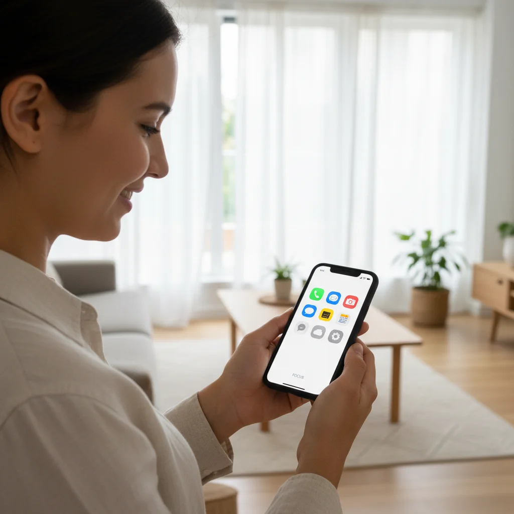 Écran d'accueil de smartphone épuré et organisé, symbolisant la liberté et la sérénité après un nettoyage numérique.