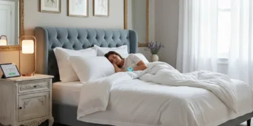 Chambre paisible avec éclairage doux, personne dormant profondément, symbolisant un sommeil optimisé en France en 2026.