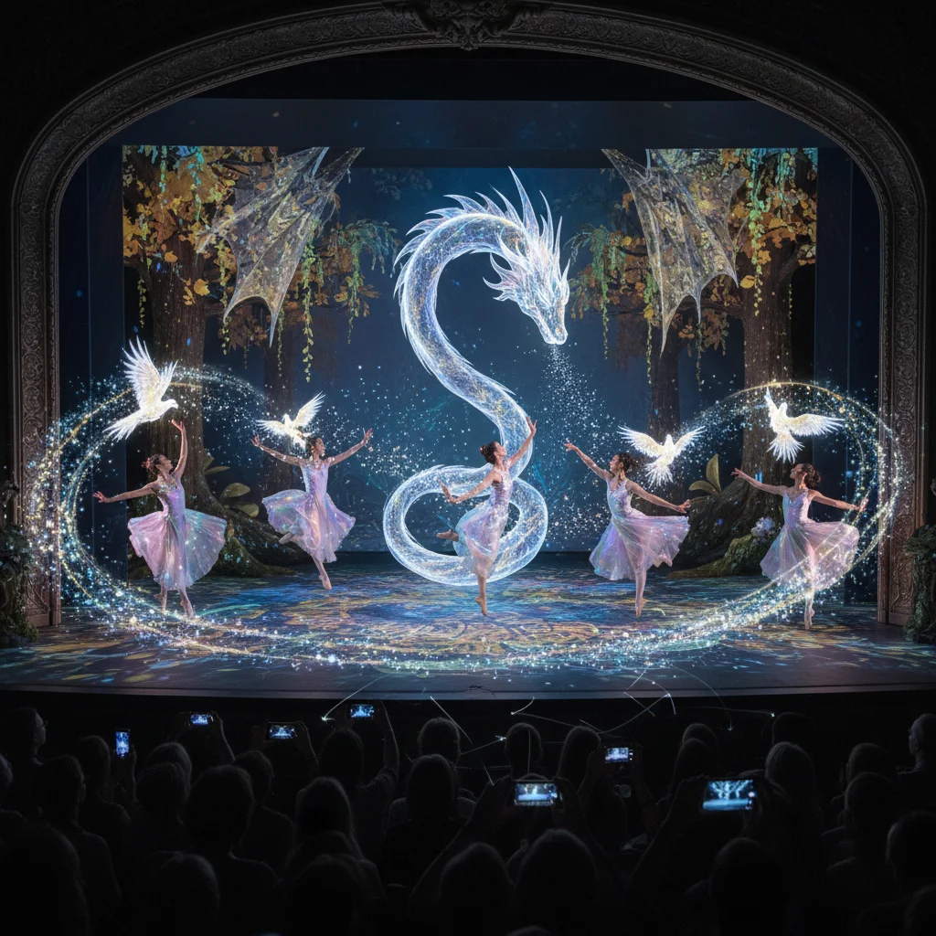 Spectacle vivant augmenté avec des projections numériques interactives et des danseurs sur scène.