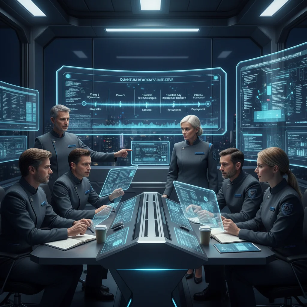 Experts en cybersécurité analysant des stratégies de défense quantique dans un centre de commandement.