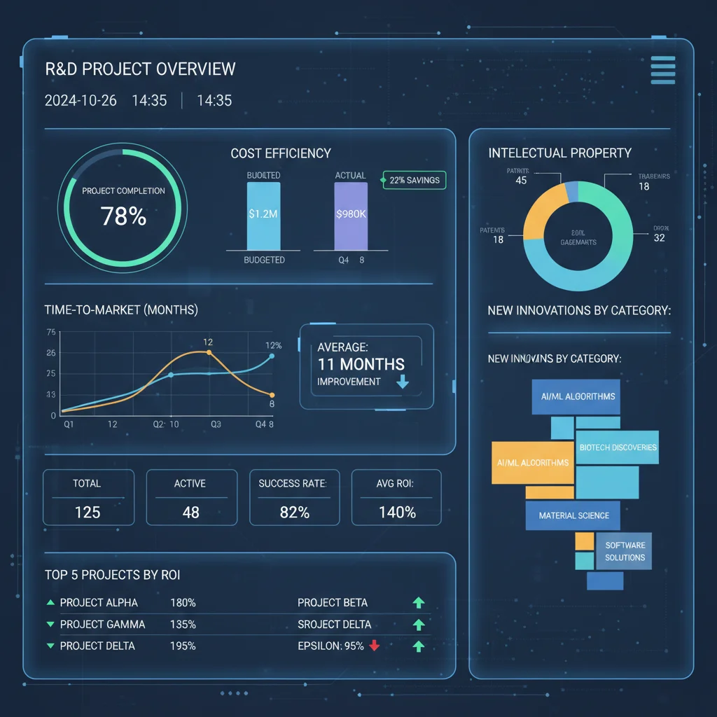 Tableau de bord d'analyse de données pour la performance des projets R&D, affichant des indicateurs clés de succès et d'efficacité.