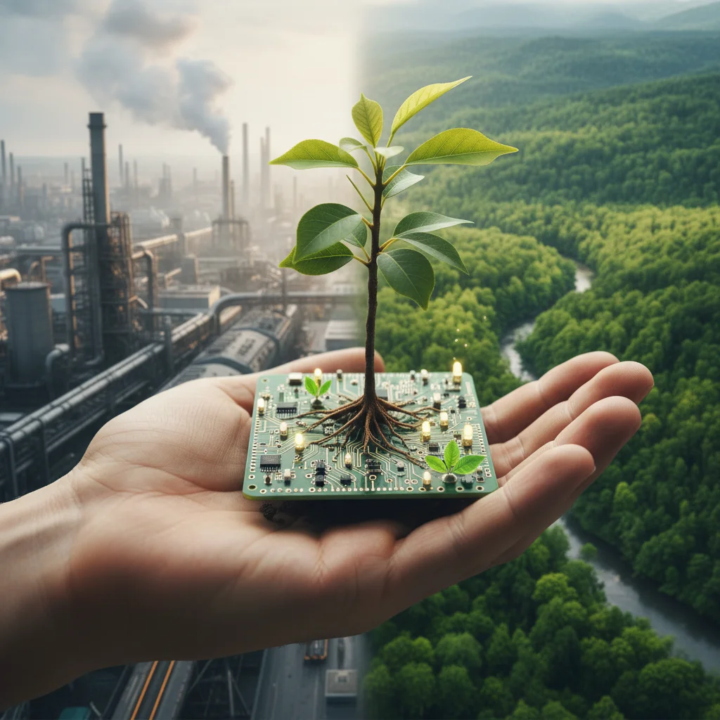 Main tenant une pousse sur un circuit imprimé, illustrant la convergence de la technologie et de la durabilité.
