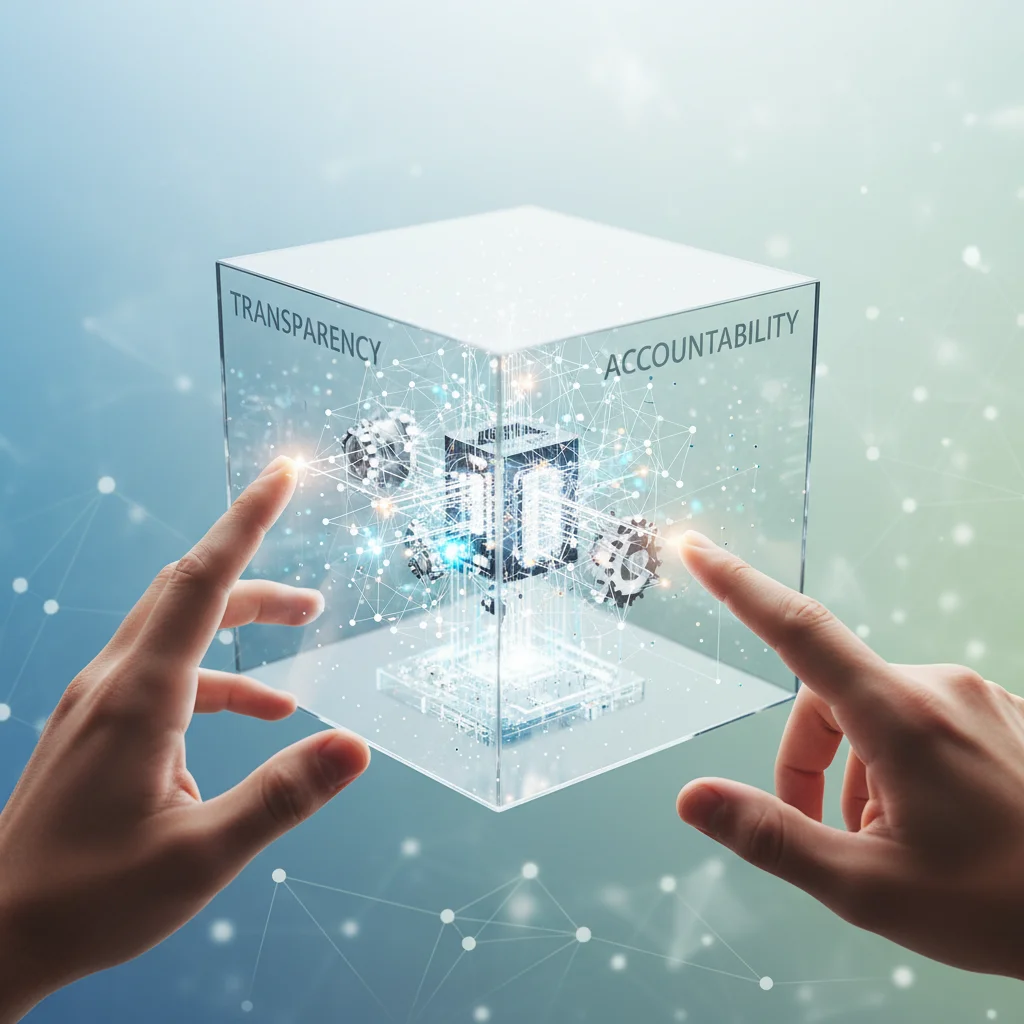 Métaphore visuelle de la transparence et de la responsabilité en IA, avec un cube transparent et des mains humaines.