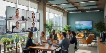 Professionnels collaborant dans un environnement de travail hybride moderne en France
