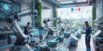 Usine française futuriste avec robots et ingénieurs, symbolisant l'innovation industrielle en 2026.