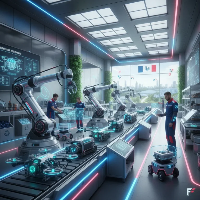 Usine française futuriste avec robots et ingénieurs, symbolisant l'innovation industrielle en 2026.