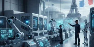 Usine futuriste française avec robots et écrans numériques, symbolisant l'Industrie 4.0 en France.