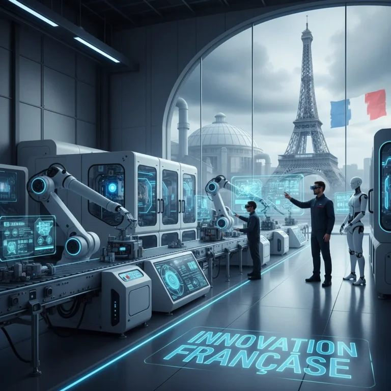 Usine futuriste française avec robots et écrans numériques, symbolisant l'Industrie 4.0 en France.