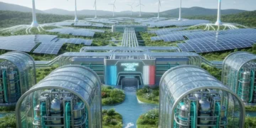 Usine de production d'hydrogène vert futuriste en France avec éoliennes et panneaux solaires.