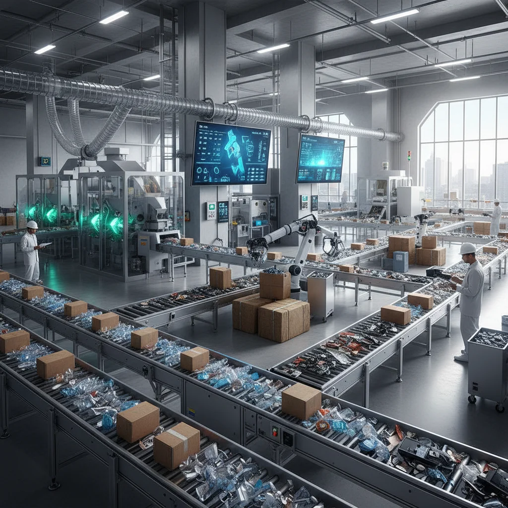 Usine moderne avec machines de tri et de traitement des déchets, illustrant la valorisation des ressources.