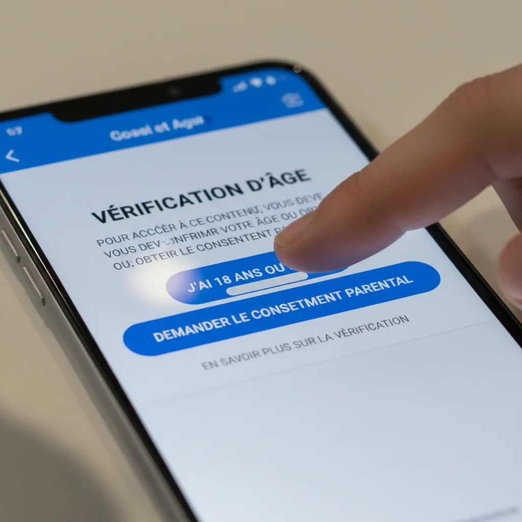 Écran de smartphone affichant un système de vérification d'âge pour l'accès aux contenus en ligne.