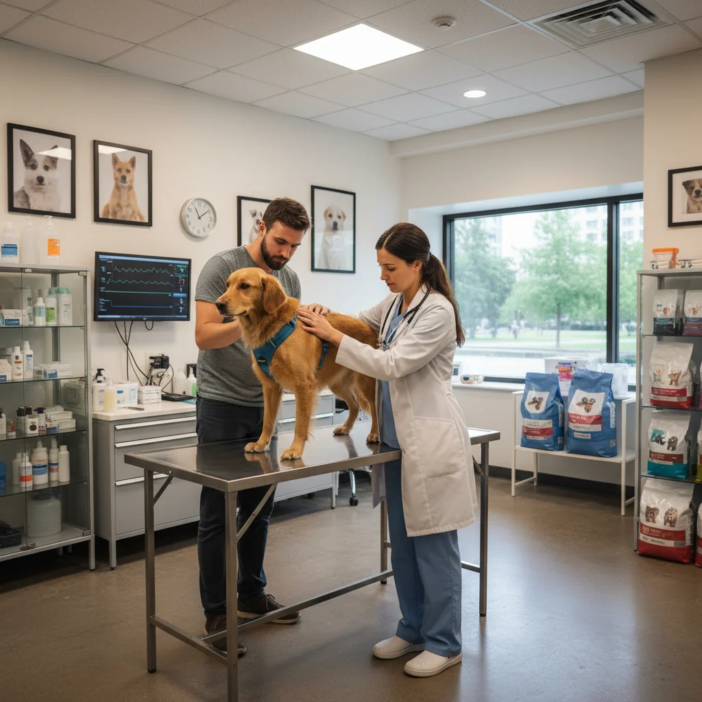 Vétérinaire examinant un chien avec son propriétaire, illustration des soins animaux